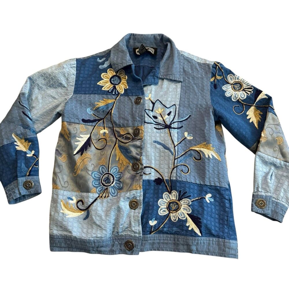 Indigo Moon Floral Patchwork Jacket Womens Size Blue‎ XS Embroidered Button Up